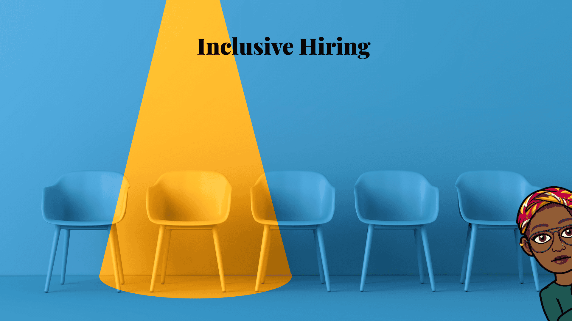 Inclusive Hiring Vivian Acquah A cartoon woman sits in front of a blue wall with chairs and a yellow light.